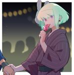  2boys androgynous armband blush commentary_request earrings festival food galo_thymos green_hair holding holding_food holding_hands holding_popsicle japanese_clothes jewelry kimono licking lio_fotia looking_down male_focus mask multiple_boys night ns1123 popsicle promare purple_eyes purple_kimono rabbit_mask short_hair sidelocks single_earring sparkle striped_clothes tongue tongue_out upper_body 