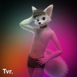  2019 3d_(artwork) anthro arctic_fox blue_eyes canid canine clothing collar digital_media_(artwork) fox fur looking_at_viewer low_res male mammal pinup pose simple_background solo_focus trevir_(artist) trevir_(character) underwear white_fur 