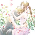  1boy 1girl aerith_gainsborough arms_around_neck arms_around_waist bare_arms bare_shoulders blonde_hair braid braided_ponytail breasts brown_hair closed_eyes closed_mouth cloud_strife couple dress final_fantasy final_fantasy_vii floral_background grey_pants grey_shirt hair_ribbon harahara_yuki hetero highres long_dress long_hair medium_breasts pants parted_bangs pink_dress pink_ribbon ribbon shirt short_hair sidelocks single_braid sleeveless sleeveless_turtleneck smile spiked_hair turtleneck 