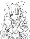  1girl armor belt bow breasts charlotte_(fire_emblem) cleavage closed_mouth fingernails fire_emblem fire_emblem_fates hair_bow half-closed_eyes heart interlocked_fingers long_hair looking_at_viewer midriff monochrome navel shoulder_armor simple_background smile solo spikes ten_(tenchan_man) upper_body wavy_hair white_background 