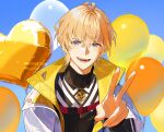  1boy :d balloon black_shirt fangs fura_kanato heart_balloon jacket jewelry looking_at_viewer male_focus migo45 necklace nijisanji open_mouth orange_hair purple_eyes shirt short_hair smile solo v white_jacket 