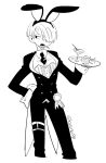  1boy animal_ears artist_name cigarette collared_shirt commentary_request corset cropped_legs curly_eyebrows fake_animal_ears greyscale hair_over_one_eye hand_on_own_hip holding holding_plate light_frown long_sleeves looking_down male_focus margarita mitsubachi_koucha monochrome necktie one_piece open_mouth plate rabbit_boy rabbit_ears rabbit_tail ribbon sanji_(one_piece) shirt short_hair simple_background suit tail tailcoat tailcoat_playboy_bunny white_background 