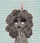  anthro canid canine canis chibi clothing curled_hair dean_(terribleanimal) domestic_dog english_text fur grey_body grey_fur grey_hair hair half-closed_eyes hat headgear headwear hi_res mammal narrowed_eyes party_hat party_horn pattern_background poodle simple_background smile solo sound_effects terribleanimal text 