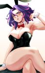 1girl animal_ears armpits artist_name bare_legs bare_shoulders black_leotard blush boku_no_hero_academia bow bowtie breasts breath cleavage crossed_legs detached_collar english_commentary fake_animal_ears feet_out_of_frame hair_between_eyes hand_up highleg highleg_leotard highres lady_nagant large_breasts leotard looking_at_viewer medium_hair multicolored_hair open_mouth pink_hair playboy_bunny purple_eyes purple_hair rabbit_ears red_bow red_bowtie shibarinsfw sitting solo strapless strapless_leotard streaked_hair sweat thick_thighs thighs traditional_bowtie two-tone_hair wrist_cuffs 