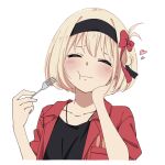  1girl black_hairband black_shirt blonde_hair blush bob_cut border bow closed_mouth collarbone commentary eating fork hair_bow hairband hand_on_own_cheek hand_on_own_face highres holding holding_fork jacket lycoris_recoil nishikigi_chisato one_side_up open_clothes open_jacket red_bow red_jacket ryuryu_7150 shirt short_hair short_sleeves simple_background solo upper_body white_background white_border 