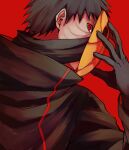  1boy black_gloves black_hair black_jacket covered_mouth gloves highres holding holding_mask jacket long_sleeves looking_at_viewer male_focus mask naruto naruto_(series) pnpk_1013 red_background short_hair simple_background solo tobi_(naruto) upper_body 