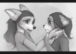  2024 anthro bodily_fluids canid canine clothed clothing countershade_face countershade_neck countershading crying digital_drawing_(artwork) digital_media_(artwork) duo eye_contact female fur hair hi_res letterbox looking_at_another mammal monochrome shirt tears topwear yshanii 