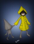  1girl 1other barefoot dugrant hair_over_eyes holding_hands little_nightmares nomes_(little_nightmares) signature simple_background six_(little_nightmares) yellow_raincoat 