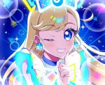  1girl ;d bare_shoulders blonde_hair blue_background blue_bow blue_eyes bow finger_to_mouth glowing_clothes grin hair_bow hand_up highres higuluma himitsu_no_aipri hoshikawa_mitsuki idol_clothes index_finger_raised long_hair looking_at_viewer one_eye_closed open_mouth pretty_series shushing smile solo sparkle upper_body 
