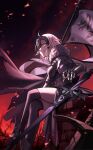  1girl absurdres ahoge armor armored_dress banner black_cape black_dress black_thighhighs breasts cape chain dress fate/grand_order fate_(series) faulds flag fur-trimmed_cape fur_trim gauntlets headpiece highres holding holding_flag jeanne_d&#039;arc_alter_(avenger)_(fate) jeanne_d&#039;arc_alter_(avenger)_(first_ascension)_(fate) jeanne_d&#039;arc_alter_(fate) large_breasts looking_at_viewer minyork plackart reaching short_hair smile solo standard_bearer sword thighhighs torn_cape torn_clothes weapon white_flag white_hair yellow_eyes 