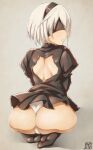  1girl 2b_(nier:automata) android artist_name ass back back_cutout black_blindfold black_dress black_hairband black_socks blindfold clothing_cutout commentary covered_eyes dress feet from_behind hairband highres huge_ass juliet_sleeves kazetuki kneeling long_sleeves looking_back nier:automata nier_(series) panties parted_lips puffy_sleeves seiza shiny_clothes shiny_skin short_hair signature simple_background sitting socks soles solo symbol-only_commentary third-party_source thong underwear white_background white_hair white_panties 