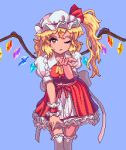  1girl ascot blonde_hair blurry blurry_background flandre_scarlet frilled_skirt frills hat looking_at_viewer mob_cap one_eye_closed open_mouth pixel_art potemki11 puffy_short_sleeves puffy_sleeves red_eyes short_sleeves side_ponytail skirt solo touhou wings yellow_ascot 