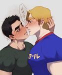  2boys ao_isami bara black_hair blonde_hair blush couple eye_contact facial_hair imminent_kiss lewis_smith looking_at_another male_focus multiple_boys muscular muscular_male pectoral_docking pectoral_press pectorals shirt sideburns_stubble stubble sunsetcolorscat t-shirt thick_eyebrows translated upper_body yaoi yuuki_bakuhatsu_bang_bravern 