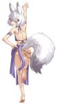  1girl absurdres agemmata animal_ears arm_cuffs ass back bare_legs barefoot bra chain english_commentary fake_tail fangs feet fingernails fox_ears fox_girl fox_tail full_body hair_ornament highres kneepits legs long_fingernails looking_at_viewer medium_hair pelvic_curtain phase_connect purple_bra purple_eyes purple_skirt revealing_clothes revision skirt smirk soles standing standing_on_one_leg tail tenma_maemi thick_eyebrows toenails toes turning_head underwear virtual_youtuber waist_cape white_background white_hair 