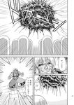  1girl black_sclera breasts comic dress explosion greyscale highres medium_breasts monochrome muscle solo takaku_toshihiko test_tube tile_floor tiles torn_clothes touhou translated yagokoro_eirin 