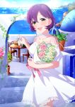  1girl :d bouquet bread breasts chair choker collarbone dress flower food glass_bottle greece green_eyes happy highres holding holding_bouquet large_breasts looking_at_viewer love_live! love_live!_school_idol_festival nanatsu_no_umi ocean open_mouth outdoors pink_flower pink_ribbon pink_rose plant pointing potted_plant purple_hair raised_eyebrows ribbon rose sakamaki_chiduko santorini_(greece) short_sleeves smile solo sparkle stairs stone_stairs table white_choker white_dress white_flower white_rose 