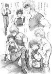  1girl breasts caesar_anthonio_zeppeli cleavage genderswap genderswap_(mtf) greyscale hug hug_from_behind jojo_no_kimyou_na_bouken joseph_joestar_(young) kurenai_karasu medium_breasts midriff monochrome short_hair translated 