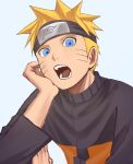  1boy black_headband blonde_hair blue_background blue_eyes facial_mark headband highres long_sleeves looking_at_viewer male_focus naruto naruto_(series) open_mouth pnpk_1013 short_hair solo teeth upper_body uzumaki_naruto whisker_markings 