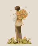  1boy absurdres bouquet brown_hair carrying_over_shoulder cognacbear curly_hair facing_ahead flower from_behind full_body grass grey_pants highres long_sleeves male_focus orange_flower orange_tulip original pants red_flower school_uniform shirt short_hair sidelocks simple_background solo standing sweater_vest tulip twitter_username white_background white_shirt yellow_sweater_vest 