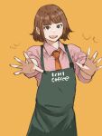  1girl apron brown_eyes brown_hair green_apron highres koito231 looking_at_viewer necktie open_mouth orange_background original pink_shirt red_necktie shirt short_hair solo standing upper_body 