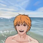  1boy bare_shoulders blue_sky chainsaw_man collarbone commentary denji_(chainsaw_man) english_commentary goldenpenhd horizon male_focus ocean open_mouth orange_hair red_eyes sharp_teeth sky smile solo teeth 
