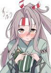  1girl :t absurdres brown_eyes grey_hair hachimaki headband high_ponytail highres japanese_clothes kantai_collection kimono light_brown_hair long_hair long_sleeves muneate nabe_tanuki ponytail solo striped_headband twitter_username upper_body wide_sleeves zuihou_(kancolle) zuihou_kai_ni_(kancolle) 