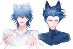  2boys absurdres alternate_costume animal_ears antinomy bad_id bad_lofter_id blue_hair blue_shirt bruno_(yu-gi-oh!) closed_eyes cropped_torso dog_ears grey_eyes hair_slicked_back hands_up happy highres kemonomimi_mode male_focus medium_hair multiple_boys naoki_(2rzmcaizerails6) open_mouth outstretched_hand reaching reaching_towards_viewer serious shirt short_hair smile spiked_hair turtleneck turtleneck_shirt upper_body white_background white_shirt wolf_ears yu-gi-oh! yu-gi-oh!_5d&#039;s 