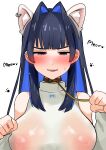  1girl :d absurdres animal_ears black_hair blue_eyes blue_hair blush cat_ears chimomi_ya collar ear_piercing english_text highres hololive hololive_english leash long_hair multicolored_hair nipples ouro_kronii piercing see-through simple_background smile solo teeth two-tone_hair virtual_youtuber white_background 