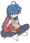  ._. 1girl ahoge animal_ears barefoot black_pants blue_hair cat_ears chewing cup_ramen eating feet full_body green_eyes highres indian_style izumi_konata jitome long_hair long_sleeves looking_to_the_side lucky_star motion_lines pajamas pants raised_eyebrows red_robe robe saliva sidelocks simple_background sitting solo sweatpants very_long_hair wavy_mouth white_background wide_sleeves yoyohachi 