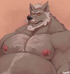  anthro beard body_hair boomer_(nanoff) bust_portrait canid canine canis chest_hair english_text facial_hair grumpy hi_res karrnade looking_at_viewer male mammal mature_male musclegut muscular muscular_male mustache nipples portrait shirtless solo text uniparasite wolf 