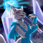 ambiguous_gender anthro canid canine canis cave crystal fantasy female hi_res looking_at_viewer lostwisdom magic magic_user mammal pale_fur pink_eyes simple_background smile smiling_at_viewer solo staff wolf