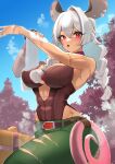  1girl abs absurdres akimoto8 animal_ears belt blue_sky blush bracelet braid breasts brown_belt brown_leotard bug cloud commission earrings green_pants grey_hair hair_between_eyes highleg highleg_leotard highres indie_virtual_youtuber jewelry leotard long_braid long_hair muscular muscular_female nellie_(vtuber) open_mouth pants plunging_neckline possum_ears possum_girl possum_tail red_eyes skeb_commission sky solo spider spiked_bracelet spikes sweat tan torn_clothes torn_pants towel tree twin_braids virtual_youtuber 