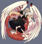  2girls ambrosia_(dungeon_meshi) back_cutout bare_shoulders barefoot black_dress black_hair blonde_hair bo_beanies breasts chimera claws closed_eyes clothing_cutout detached_sleeves dress dungeon_meshi falin_touden falin_touden_(chimera) feathered_wings feathers feet floating_hair full_body fur-trimmed_sleeves fur_trim grey_background grey_hair highres holding holding_hands holding_wand long_hair looking_at_another marcille_donato marcille_donato_(lord) multiple_girls navel open_mouth short_hair simple_background spoilers toes topless wand white_feathers white_wings wings yellow_eyes 