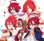  2boys adell_(disgaea) ahoge blue_eyes demon_boy disgaea disgaea_rpg fingerless_gloves glasses gloves green_eyes hair_between_eyes highres holding holding_staff holding_sword holding_weapon kasumi_koujou long_hair luke_fon_fabre makai_senki_disgaea_2 male_focus multiple_boys open_mouth pointy_ears red_hair scar scar_on_face shirt smile staff star_(symbol) summoner_adell_(disgaea) sword tales_of_(series) tales_of_the_abyss weapon white_background 