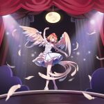  1girl absurdres ailu_elf arm_up bird bird_girl bird_tail brown_hair chick dancing dress feathered_wings feathers full_moon gloves highres moon niwatari_kutaka red_eyes red_hair short_hair solo stage stage_curtains strapless strapless_dress tail theater touhou white_dress white_gloves wings 
