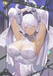  1girl breasts cleavage demon_girl demon_horns demon_wings dress duel_monster gloves grey_eyes highres horns large_breasts looking_at_viewer lovely_labrynth_of_the_silver_castle low_wings pointy_ears sayaka_ikku smile solo twintails unfinished white_hair white_horns wings yu-gi-oh! 