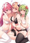  3girls absurdres black_bra black_panties black_thighhighs blonde_hair blush bra bracelet braid breasts choker cleavage collarbone flower garter_belt girl_sandwich green_hair hair_flower hair_ornament hair_ribbon highres jewelry kurebayashi_noe large_breasts long_hair looking_at_viewer multiple_girls nail_polish navel necklace original panties pink_hair pink_nails ponytail purple_eyes red_eyes ribbon sandwiched sitting thigh_strap thighhighs twin_braids underwear white_background white_bra white_choker white_panties white_ribbon white_thighhighs yellow_eyes 