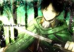  angel31424 ascot bad_id bad_pixiv_id black_hair brown_eyes cape copyright_name levi_(shingeki_no_kyojin) male_focus paradis_military_uniform shingeki_no_kyojin solo sword weapon 