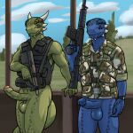  1:1 anthro argonian balls bethesda_softworks big_balls big_penis blue_body blue_eyes blue_scales bottomless camo camo_clothing camo_print clothed clothing duo erection gear genitals gun holding_object holding_weapon horn humanoid_genitalia humanoid_penis looking_at_viewer male microsoft muscular muscular_anthro muscular_male pattern_clothing penis ranged_weapon reptile scales scalie shen_(archshen) smile spikes tail tall_lizzard_(artist) the_elder_scrolls topwear tristen weapon 