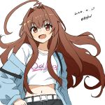  1girl absurdres ahoge aqua_jacket belt bigkwl black_shorts brown_eyes brown_hair clothes_writing dated fang highres huge_ahoge jacket kantai_collection kuma_(kancolle) long_hair looking_at_viewer midriff navel one-hour_drawing_challenge shirt shorts skin_fang solo t-shirt twitter_username upper_body white_belt white_shirt 