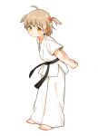 1girl absurdres ahoge arms_behind_back barefoot belt black_belt bow brown_hair chinese_commentary commentary_request dougi hair_bow highres kuma-bound leaning_forward looking_at_viewer martial_arts_belt medium_hair orange_bow original pants short_twintails simple_background solo standing toes twintails white_background white_pants yellow_eyes 