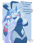  anthro biped blep breasts bunny_costume cleavage clothed clothing costume dialogue eeveelution female generation_4_pokemon glaceon hi_res looking_at_viewer navel nintendo one_eye_closed pokemon pokemon_(species) snackbunnii solo tongue tongue_out white_eyes 