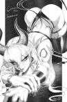  1girl artist_name ass body_markings breasts choker commission demon_girl demon_horns demon_tail eyeshadow fingernails greyscale hair_between_eyes highres horns large_breasts lips long_hair makeup median_furrow monochrome o-ring original orouu panties pointy_ears sharp_fingernails solo tail thigh_strap thighhighs underwear 