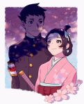  1boy 1girl ace_attorney armband bad_id bad_twitter_id black_eyes black_hair black_jacket border brown_eyes brown_hair cherry_blossoms closed_mouth cropped_torso flower gakuran hair_ribbon hair_rings inactive_account jacket japanese_clothes kimono long_sleeves looking_at_another pink_flower pink_kimono ribbon ryunosuke_naruhodo school_uniform short_hair smile susato_mikotoba the_great_ace_attorney tree_shade upper_body vivi95862484 white_border 