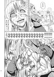  bloodshot_eyes breasts comic dropping greyscale growth highres large_breasts monochrome multiple_girls muscle nipples takaku_toshihiko tearing_clothes torn_clothes touhou transformation translated veins yagokoro_eirin 