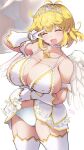  :3 angel_wings blonde_hair blush breasts cleavage closed_eyes clothes_lift commission covered_nipples deto dress feathered_wings from_below garter_straps gloves highres jewelry large_breasts medium_hair messy_hair necklace open_mouth panties pantyshot pearl_necklace ryouna_(senran_kagura) senran_kagura skeb_commission skirt skirt_lift smile thighhighs tiara underwear v white_background white_dress white_gloves wings 