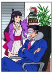  1boy 1girl ace_attorney arms_up bad_id bad_twitter_id black_hair blue_jacket blue_pants blue_suit blunt_bangs blush book book_stack calendar_(object) chair chinese_commentary closed_mouth collared_shirt commentary_request crossed_arms half_updo hand_up highres inactive_account indoors jacket japanese_clothes jewelry long_hair long_sleeves magatama magatama_necklace maya_fey neck_pillow necklace necktie nose_bubble office_chair open_mouth pants phoenix_wright plant shirt short_hair sidelocks sitting sleep_mask sleeping sleeping_upright spiked_hair standing suit swivel_chair topknot vivi95862484 white_shirt window_blinds 