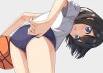  1girl absurdres adjusting_buruma adjusting_clothes ass ball basketball_(object) black_hair blue_buruma blue_eyes blush buruma from_behind gym_uniform highres leaning_forward looking_at_viewer looking_back negimiso1989 open_mouth original panties panties_under_buruma panty_peek shirt short_hair short_sleeves solo thighs underwear white_panties white_shirt 