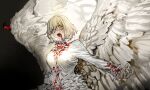  1girl belletaku blonde_hair blood body_fur breasts centauroid chimera dragon_girl dungeon_meshi falin_touden falin_touden_(chimera) fangs feathered_wings feathers highres looking_at_viewer monster_girl taur white_feathers wings yellow_eyes 