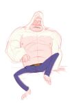 absurd_res anthro belt blush bottomwear bulge clothing denim denim_bottomwear denim_clothing detailed_bulge genital_outline h3llisch hi_res jeans male muscular muscular_anthro muscular_male navel nipples open_mouth pants penis_outline simple_background skips_(regular_show) solo teeth tongue white_background yeti